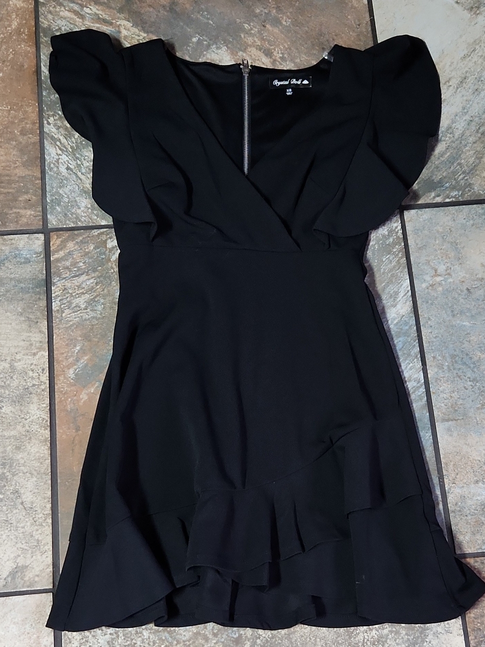 Crystal Doll Black Ruffle-Sleeve V-Neck Mini Dress